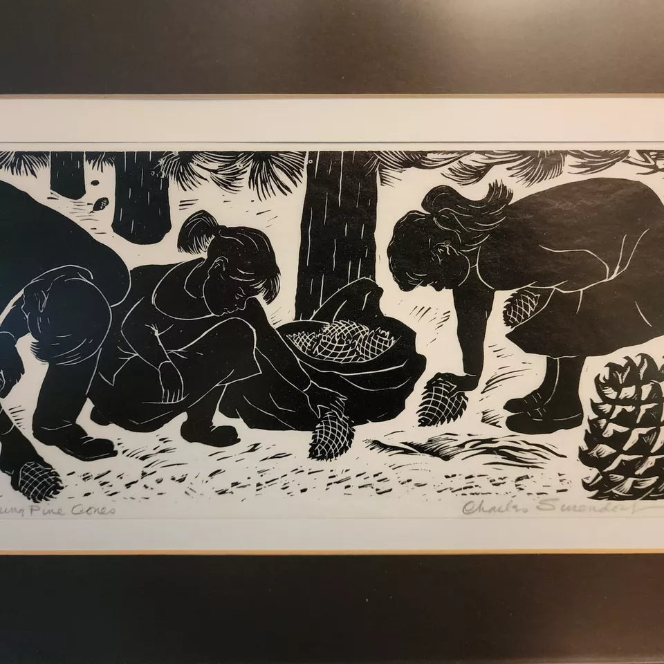 Charles F Surendorf Woodblock Children Gathering Pine Cones