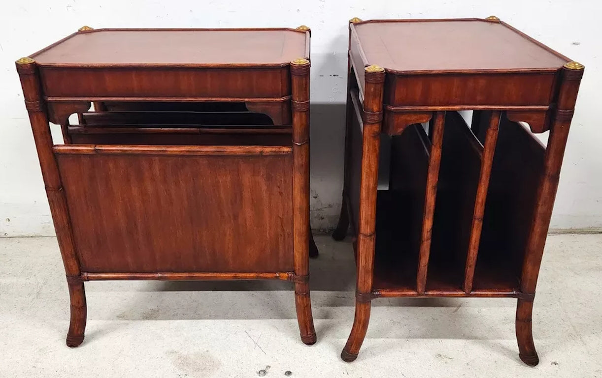 Mahogany Bamboo Rattan End Magazine Tables Pair