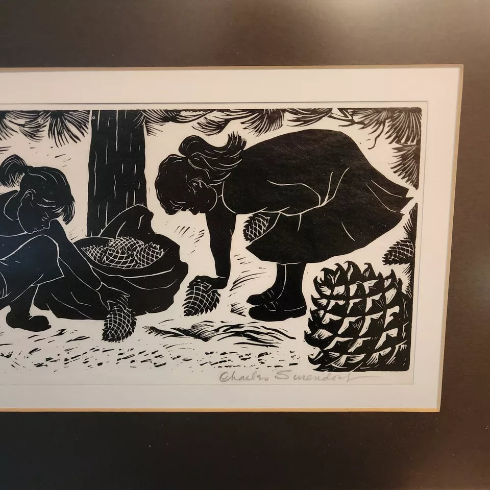 Charles F Surendorf Woodblock Children Gathering Pine Cones