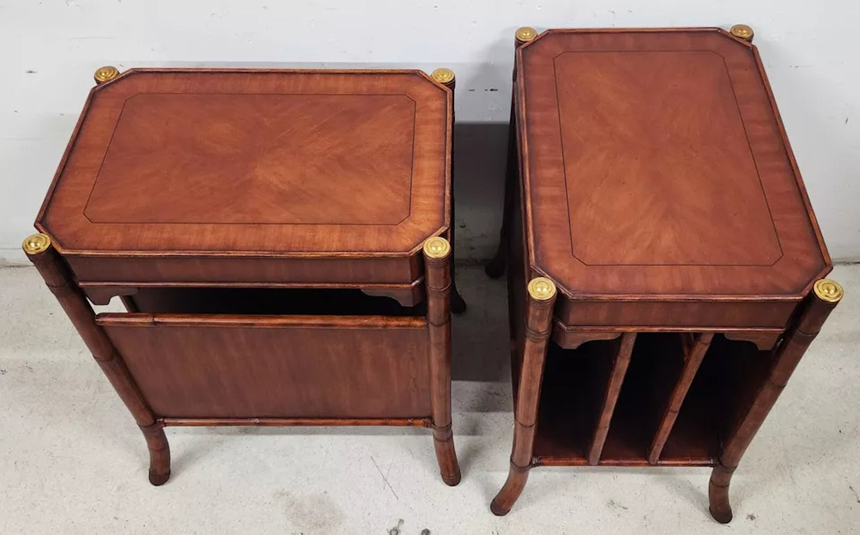 Mahogany Bamboo Rattan End Magazine Tables Pair