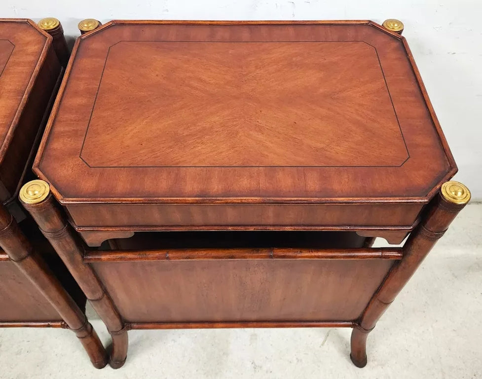 Mahogany Bamboo Rattan End Magazine Tables Pair