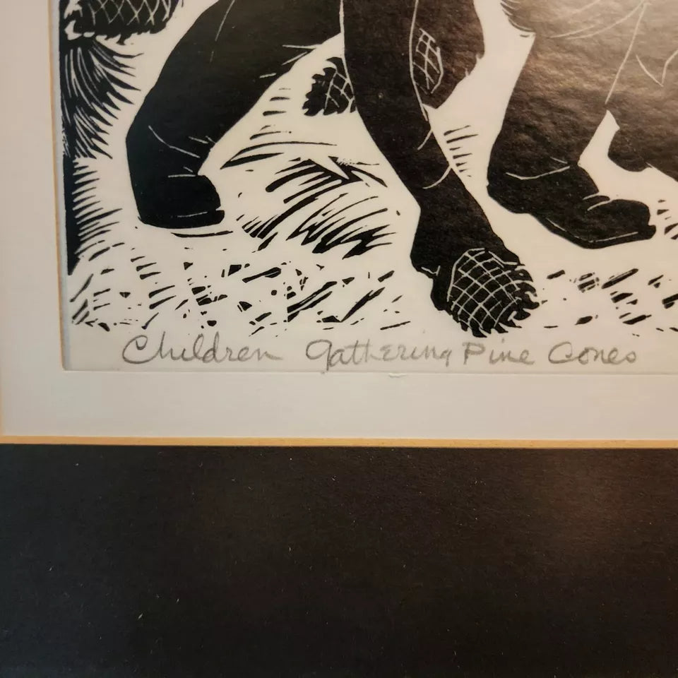 Charles F Surendorf Woodblock Children Gathering Pine Cones