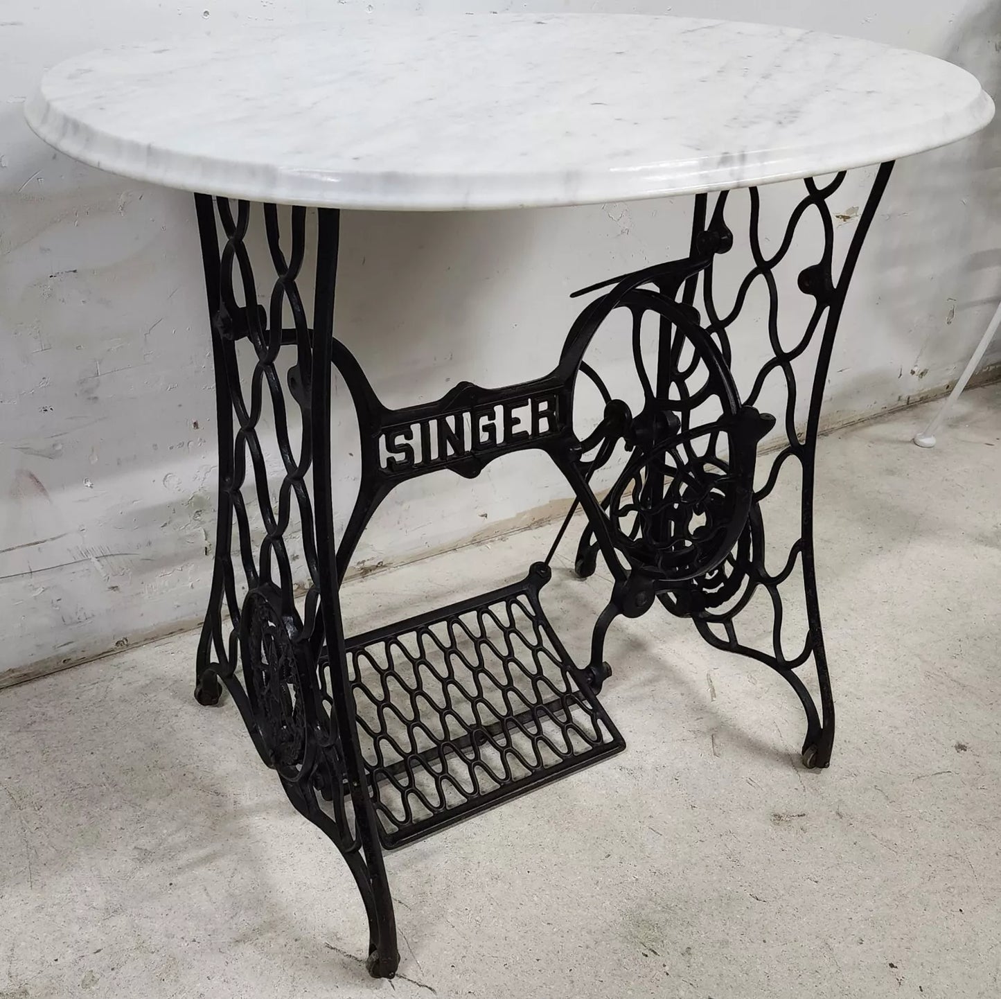 Antique Singer Iron Table Carrara Marble Top