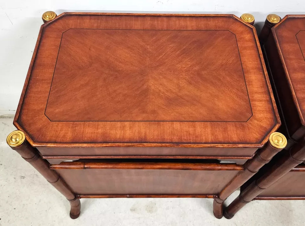 Mahogany Bamboo Rattan End Magazine Tables Pair