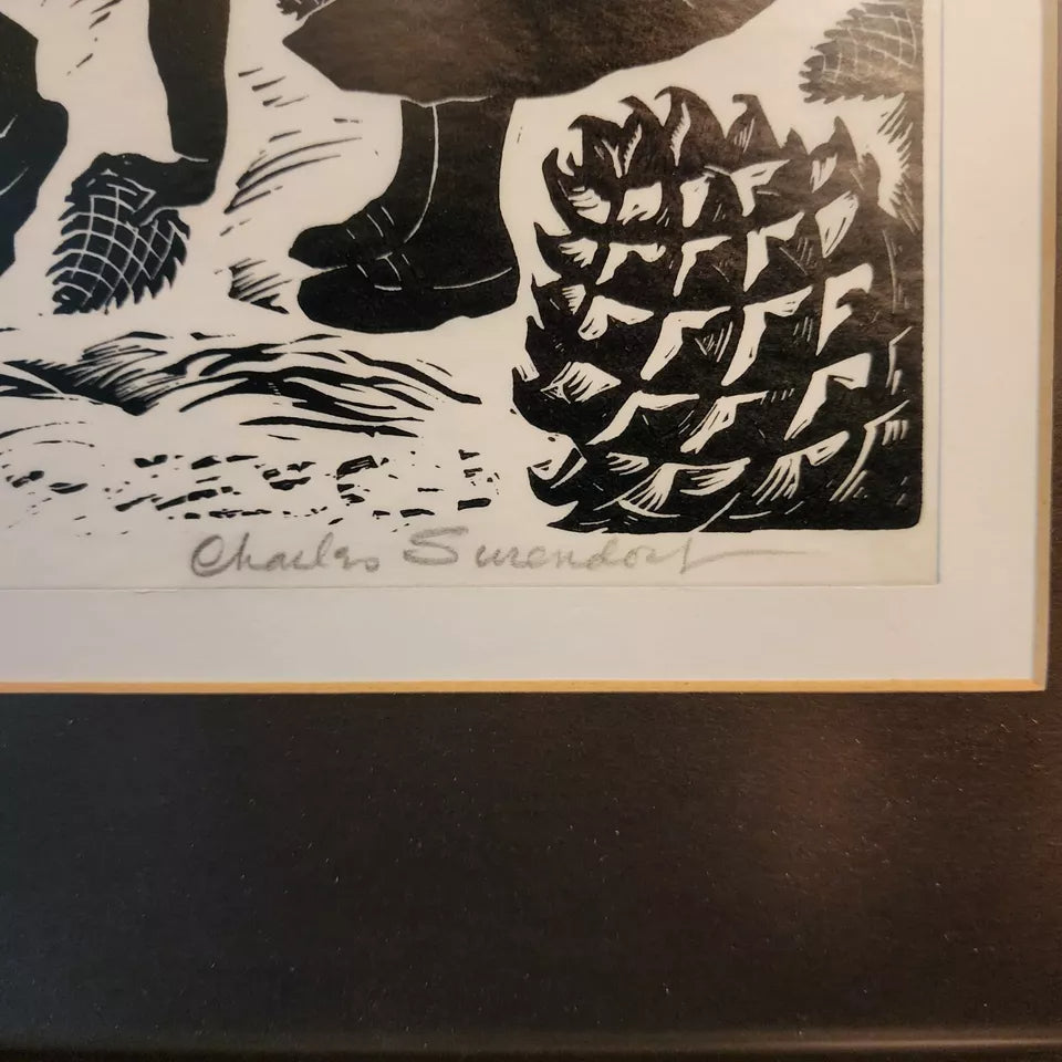 Charles F Surendorf Woodblock Children Gathering Pine Cones