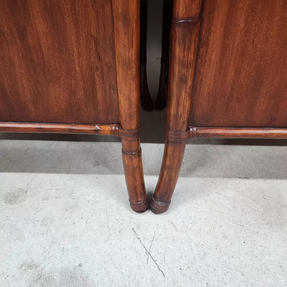 Mahogany Bamboo Rattan End Magazine Tables Pair