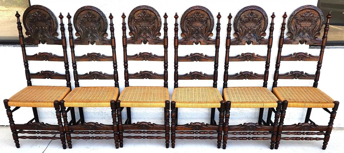 Antique Spanish Colonial Dining Chairs Rope Seats 1800s Set of 6