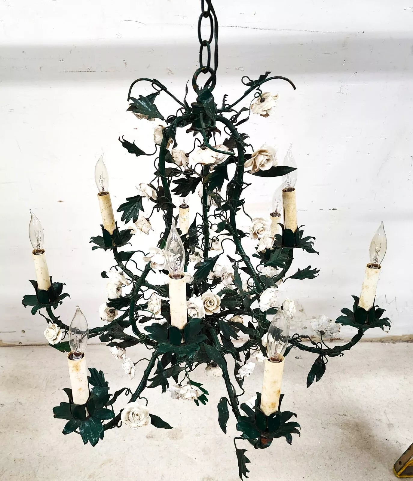 Antique French Floral Porcelaine de Saxe Tole Chandelier