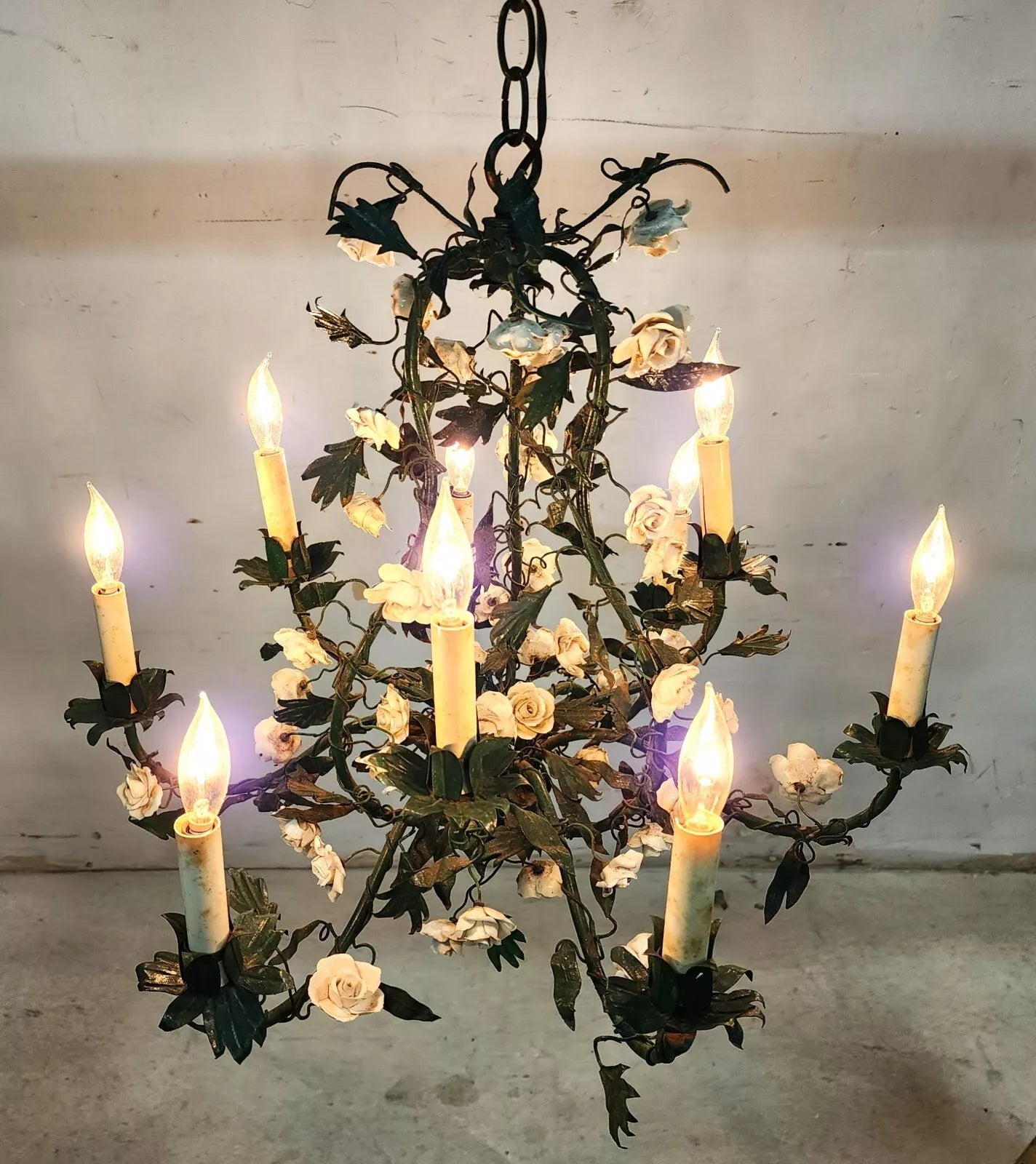 Antique French Floral Porcelaine de Saxe Tole Chandelier