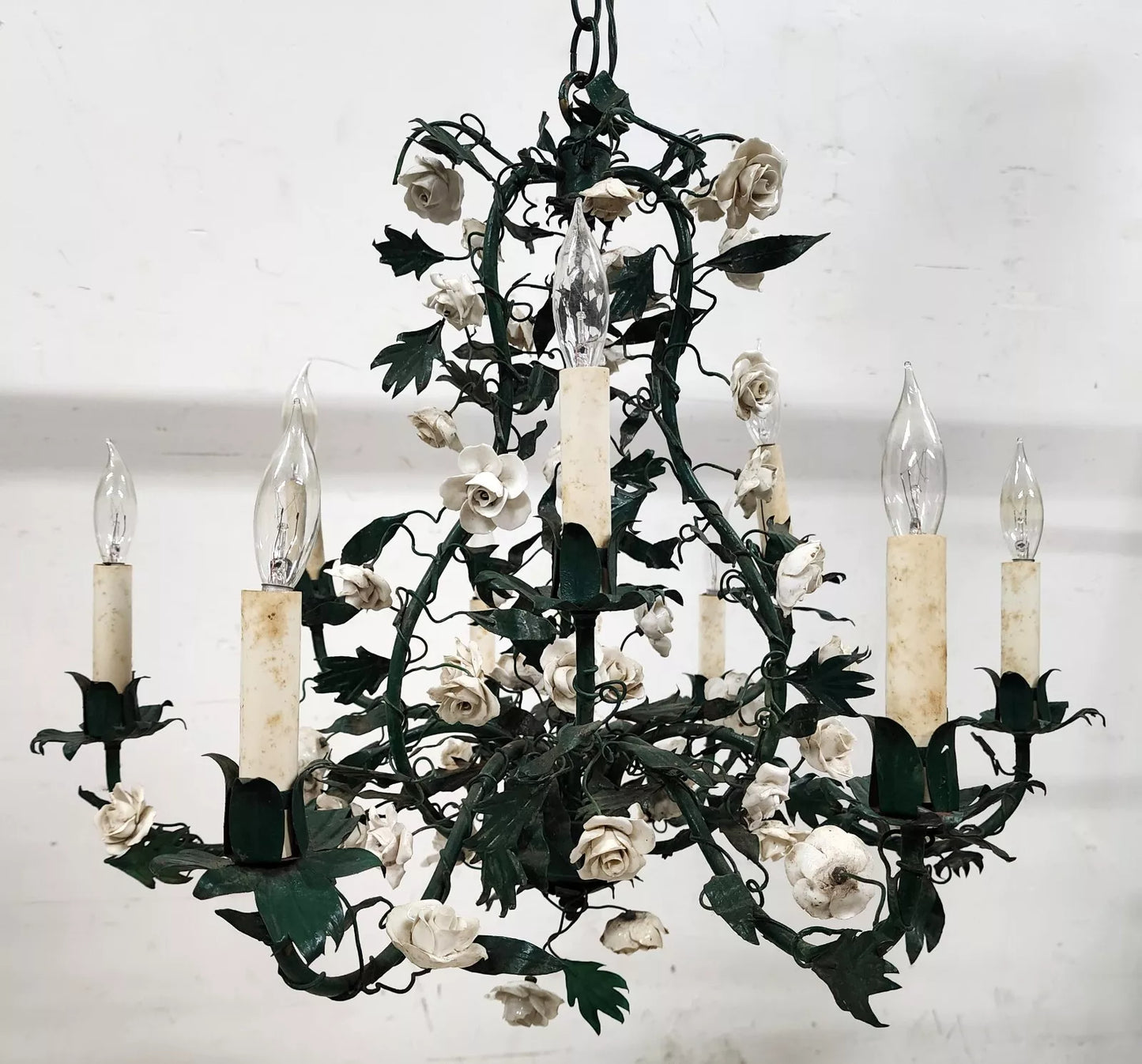 Antique French Floral Porcelaine de Saxe Tole Chandelier