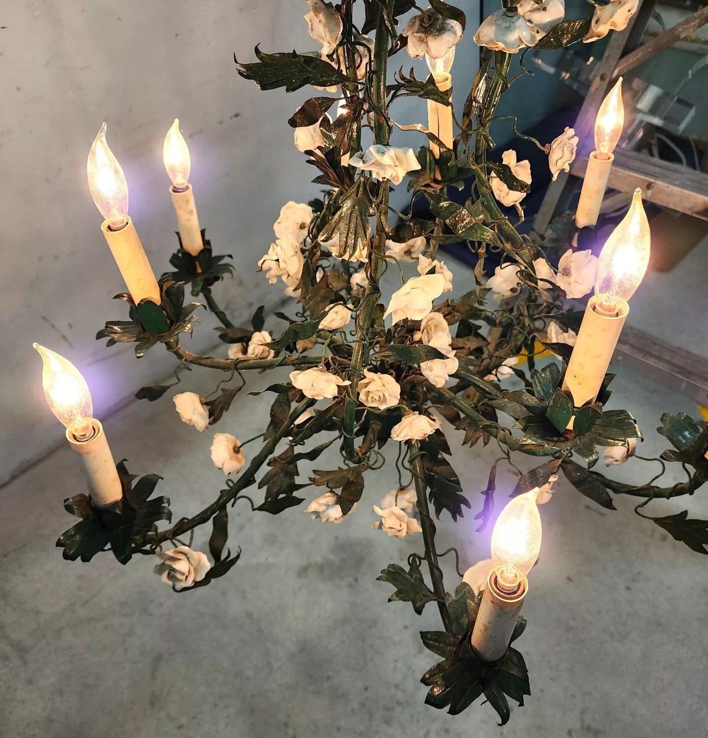 Antique French Floral Porcelaine de Saxe Tole Chandelier