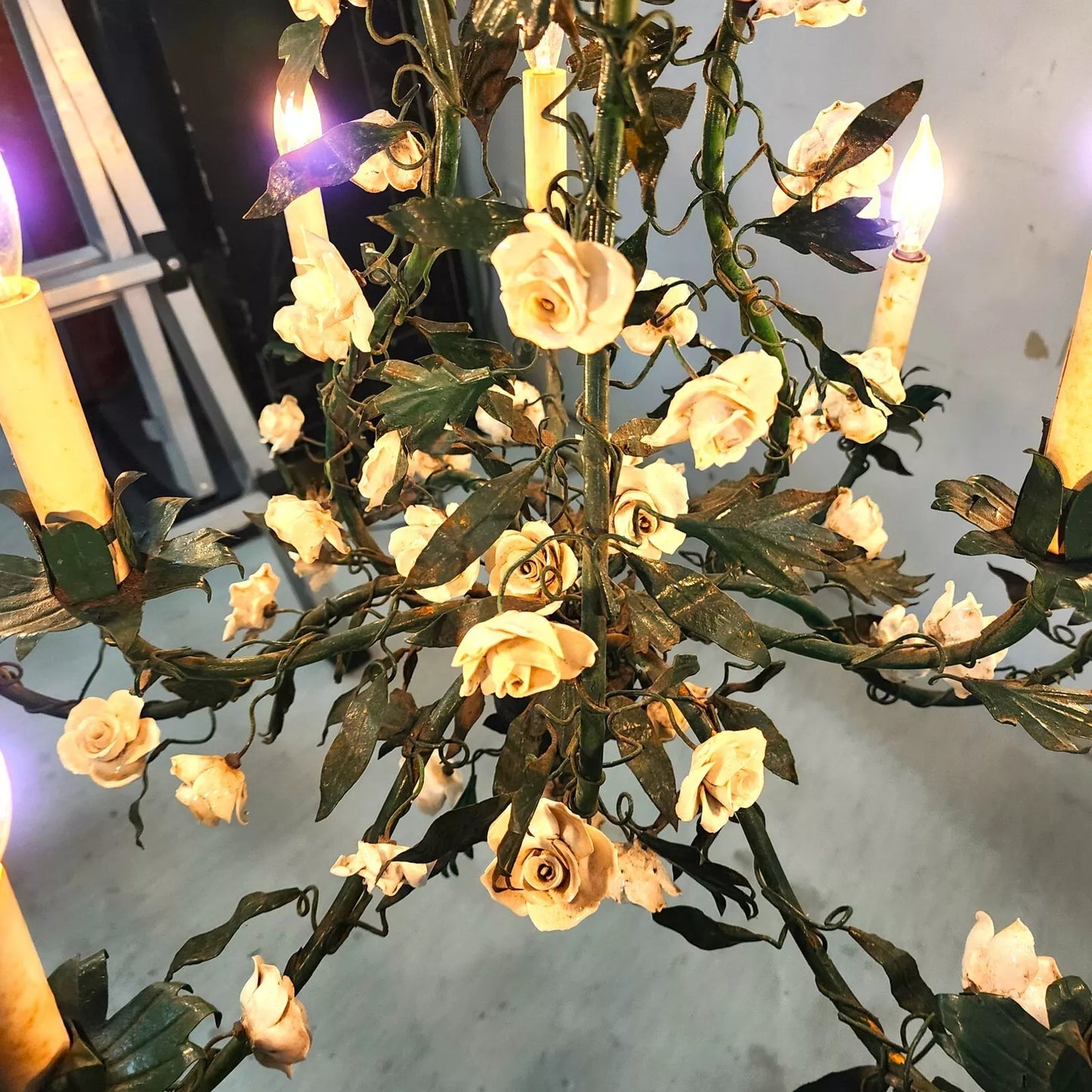 Antique French Floral Porcelaine de Saxe Tole Chandelier