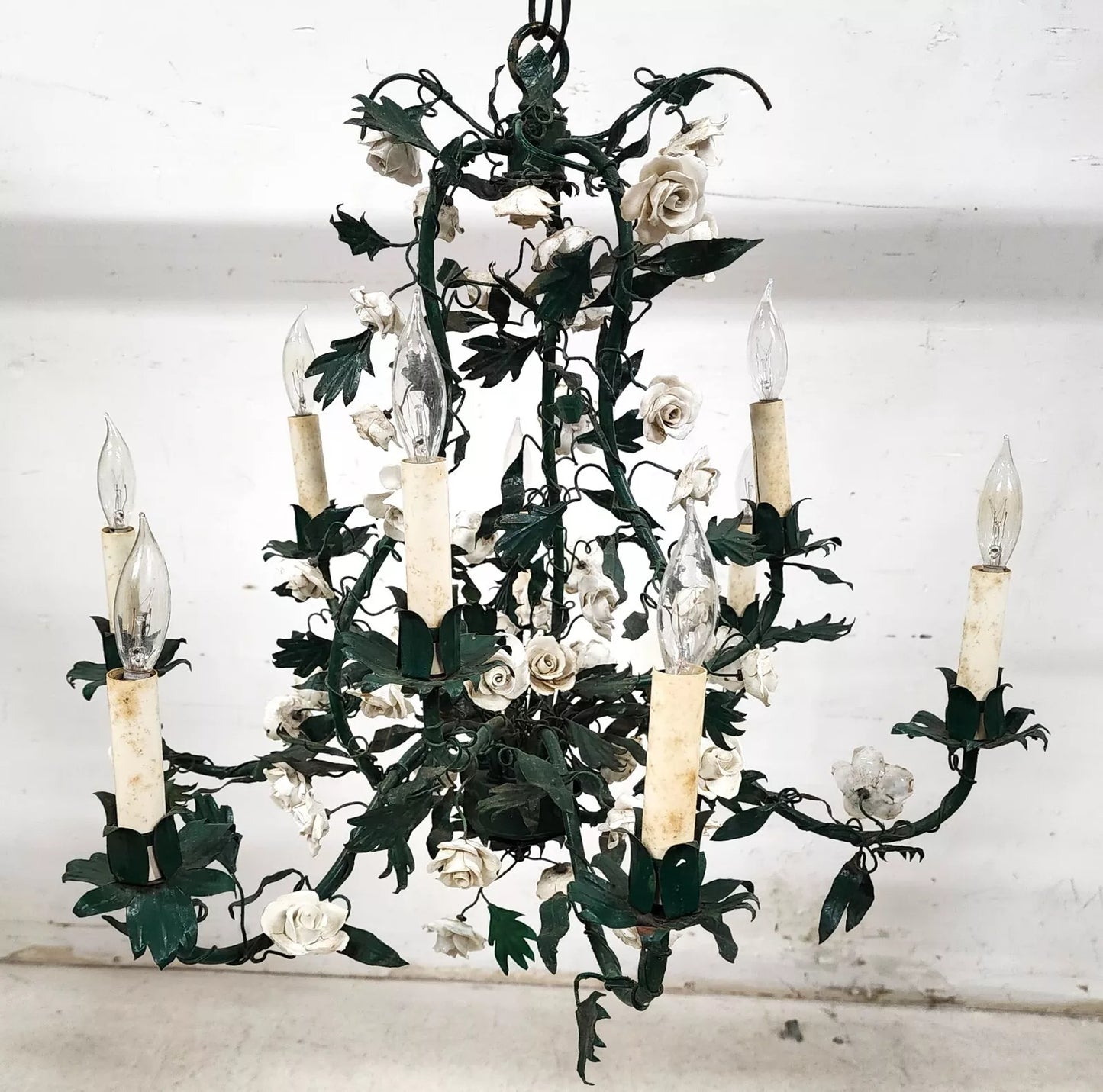 Antique French Floral Porcelaine de Saxe Tole Chandelier