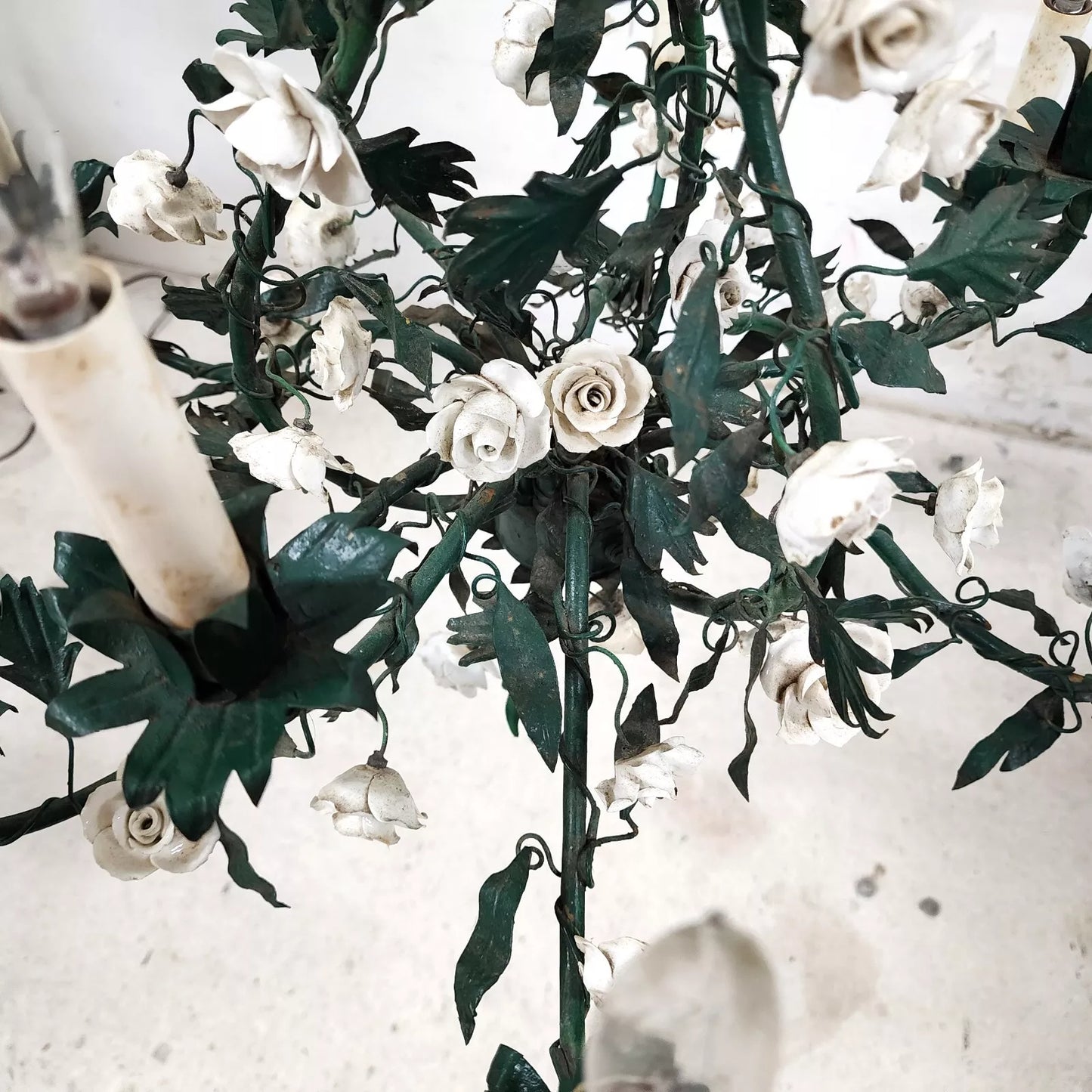 Antique French Floral Porcelaine de Saxe Tole Chandelier