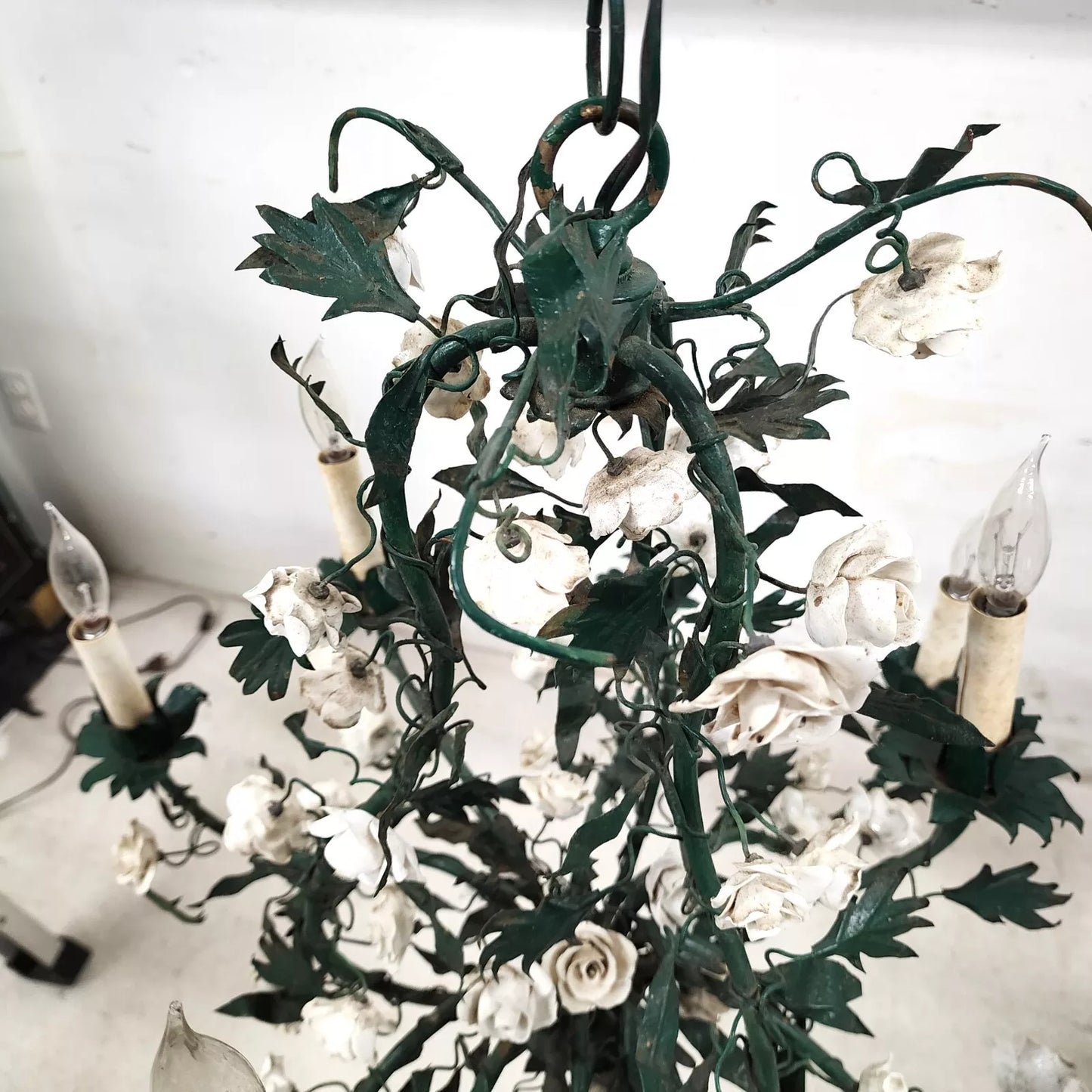 Antique French Floral Porcelaine de Saxe Tole Chandelier