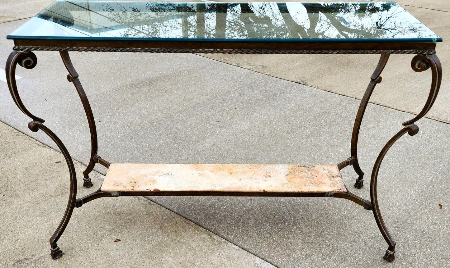 SHERRILL Patinated Console Table Metal Glass Marble 1970s
