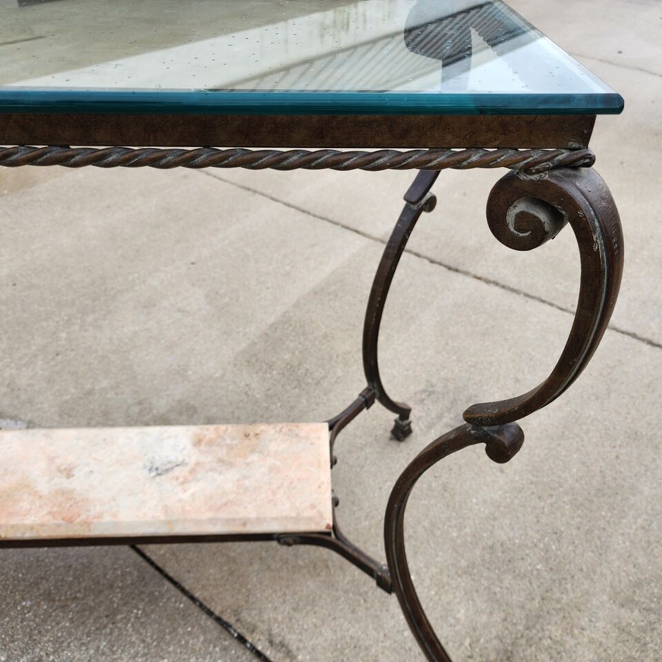 SHERRILL Patinated Console Table Metal Glass Marble 1970s