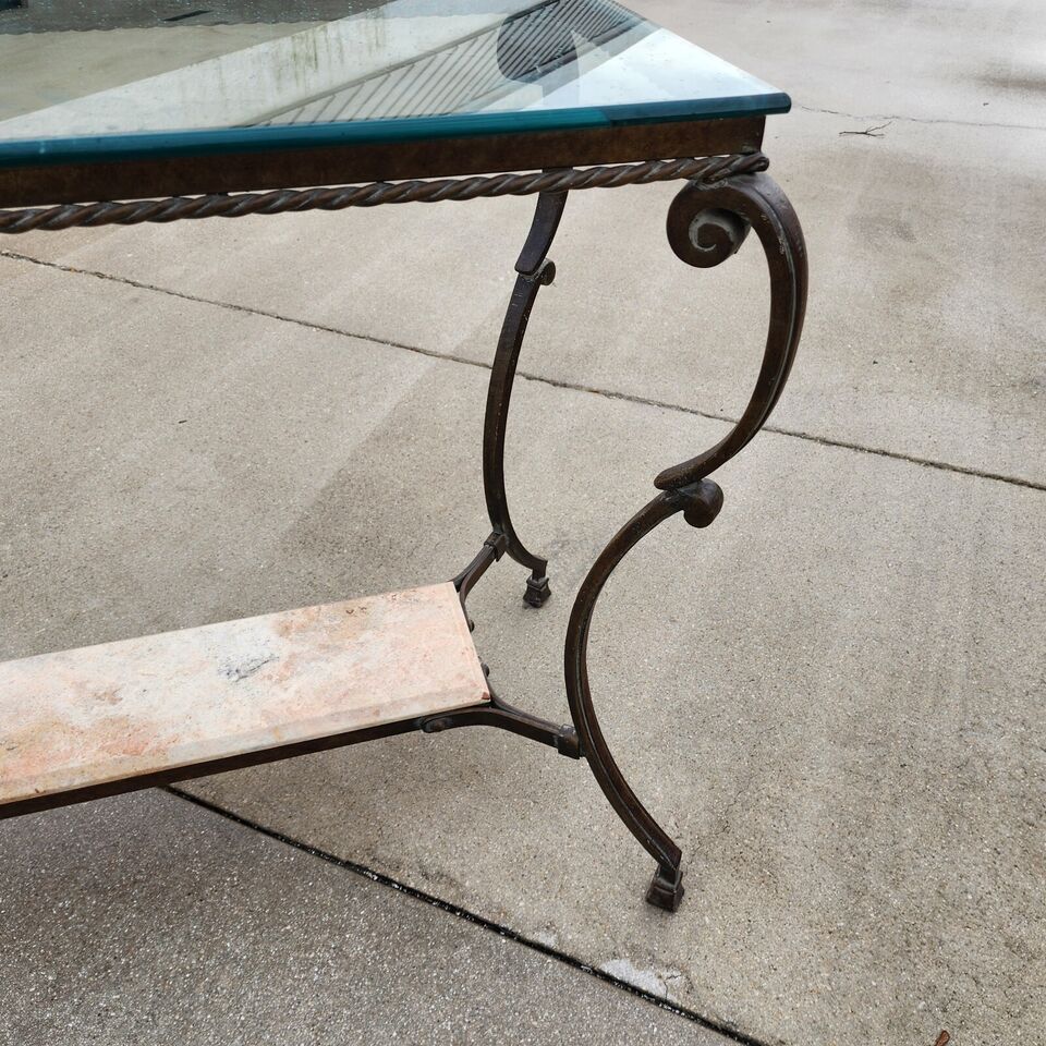 SHERRILL Patinated Console Table Metal Glass Marble 1970s