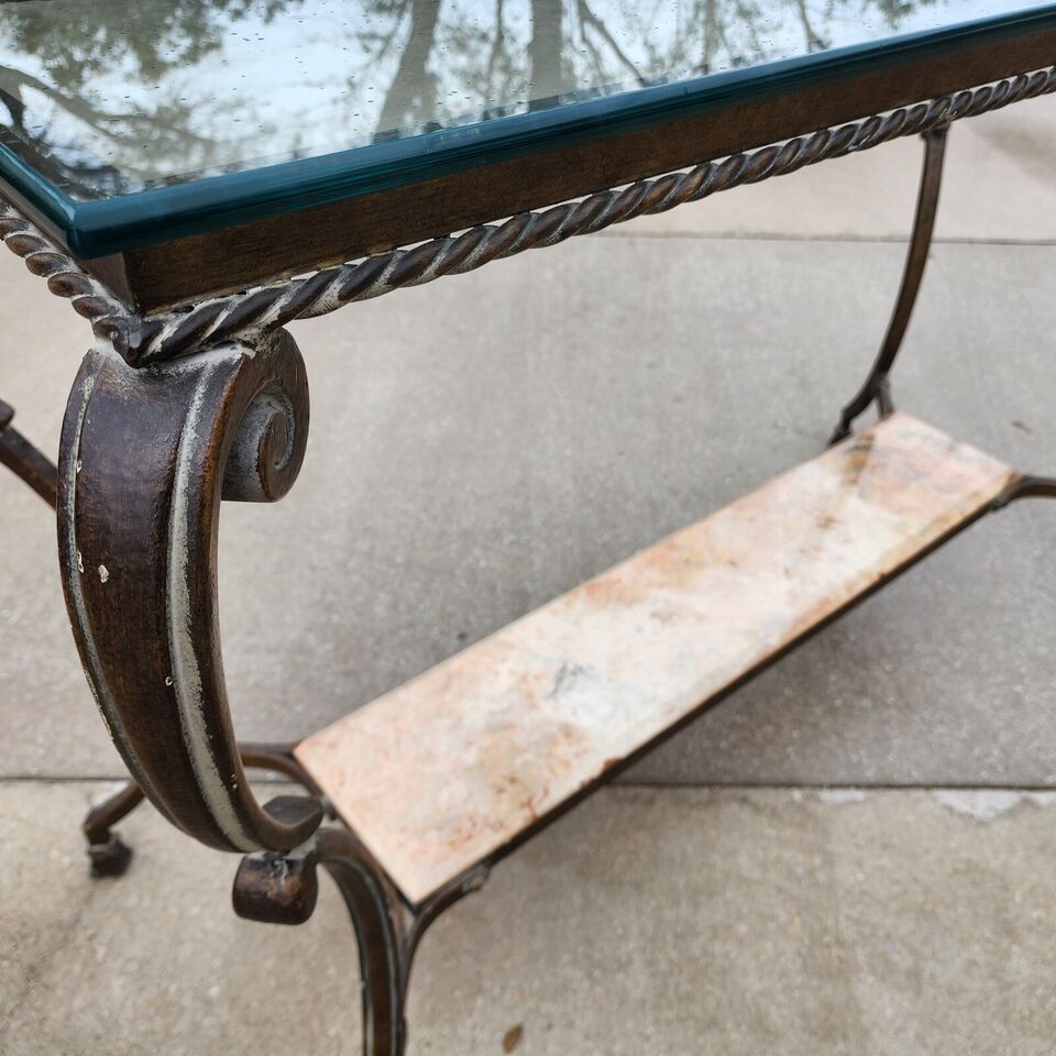 SHERRILL Patinated Console Table Metal Glass Marble 1970s