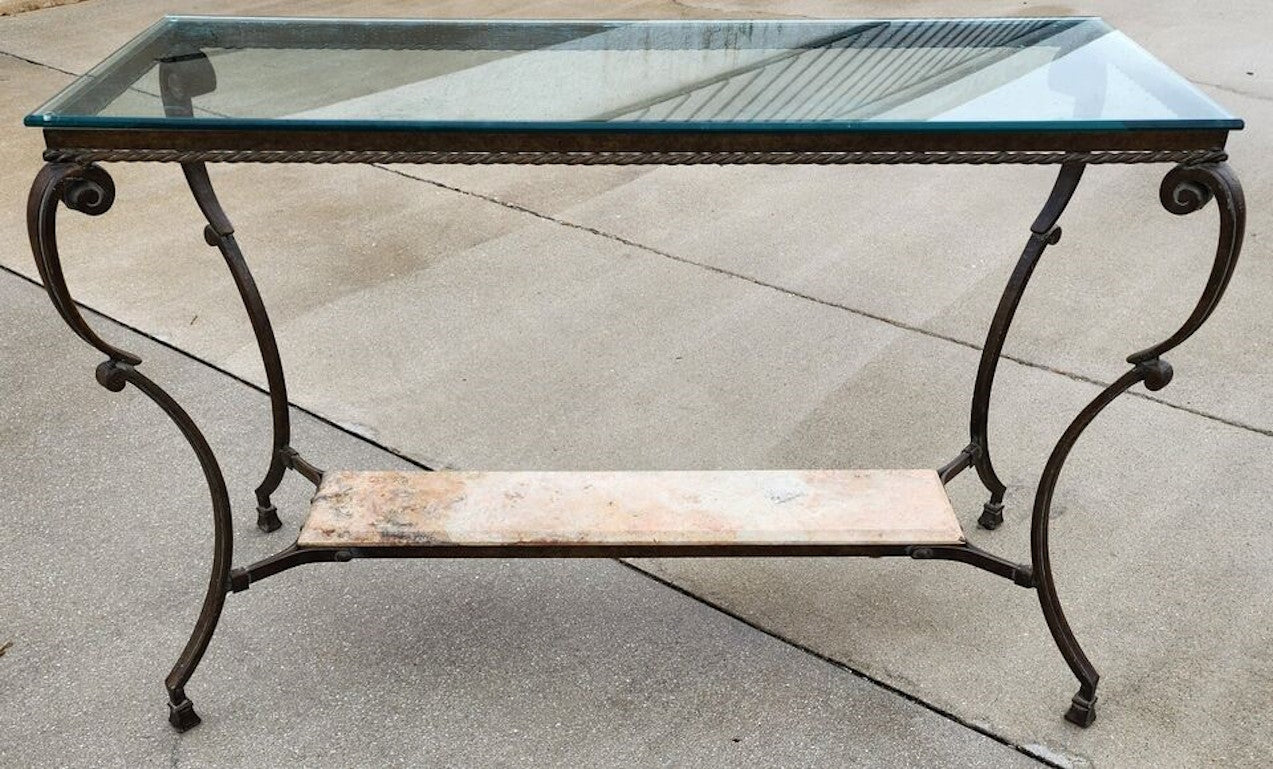 SHERRILL Patinated Console Table Metal Glass Marble 1970s