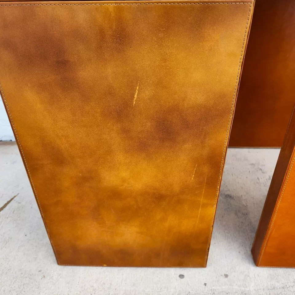 MCM Leather Wrapped Side Tables Waterfall Pair
