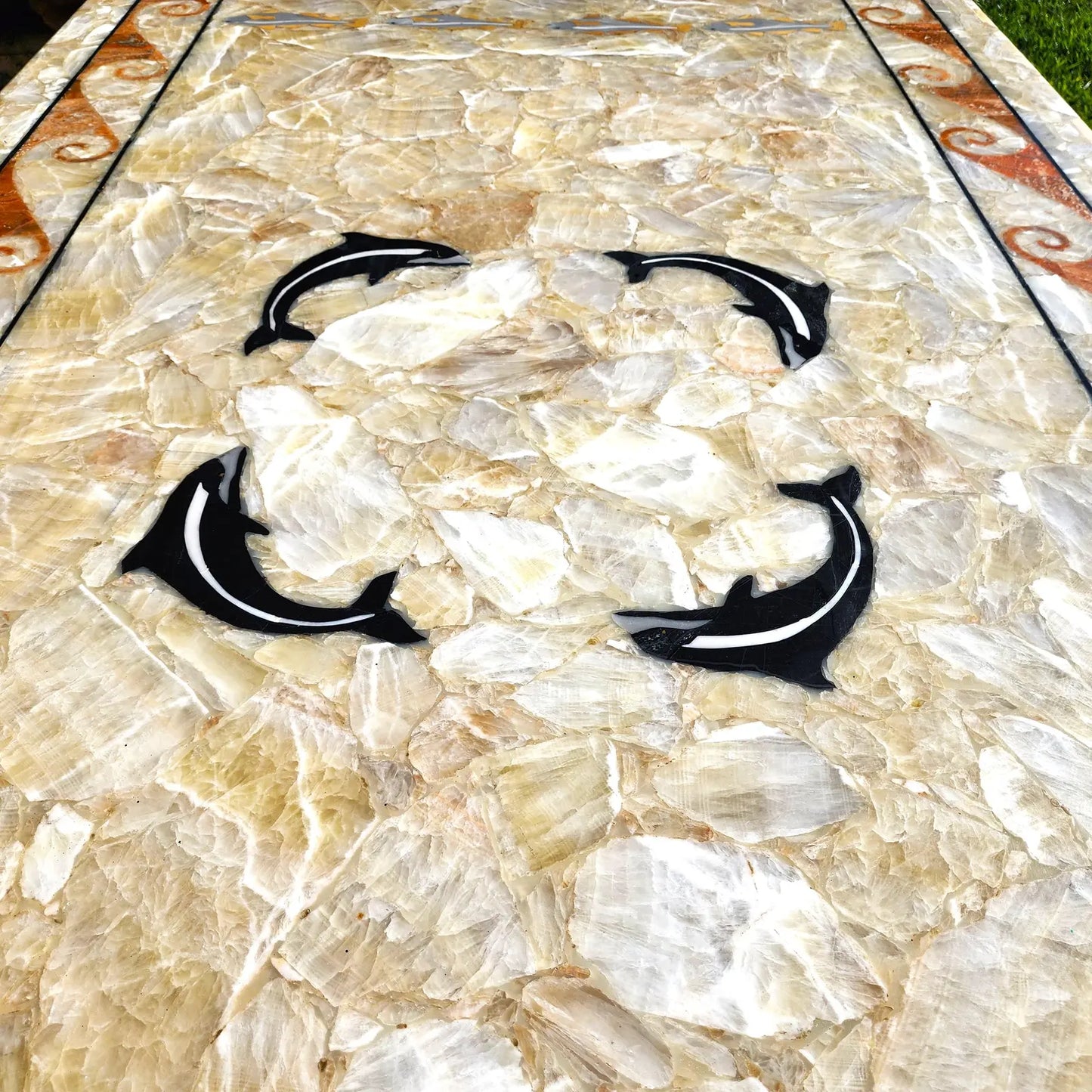 Dm Semi Precious Stone Dining Table Inlaid Orcas Fish Custom Made