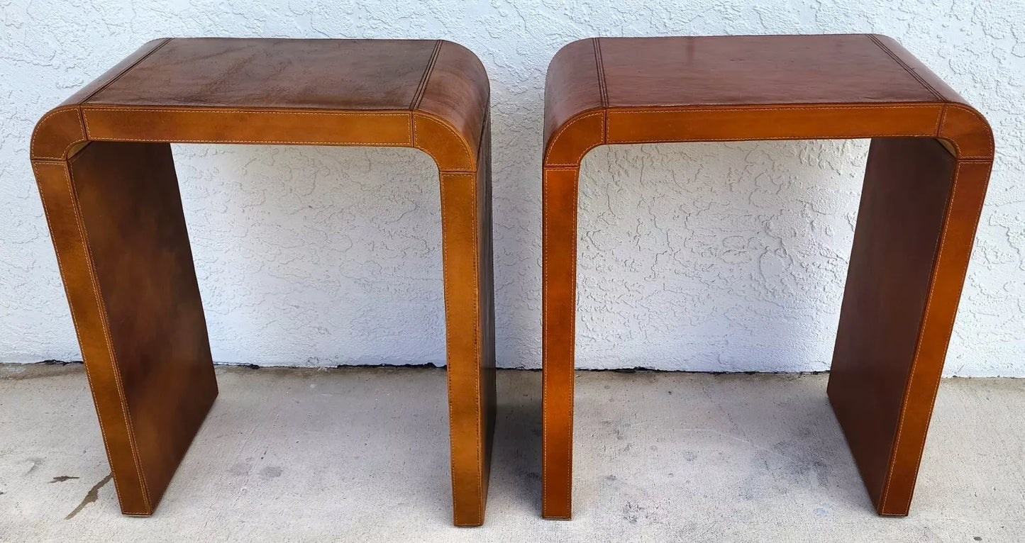 MCM Leather Wrapped Side Tables Waterfall Pair