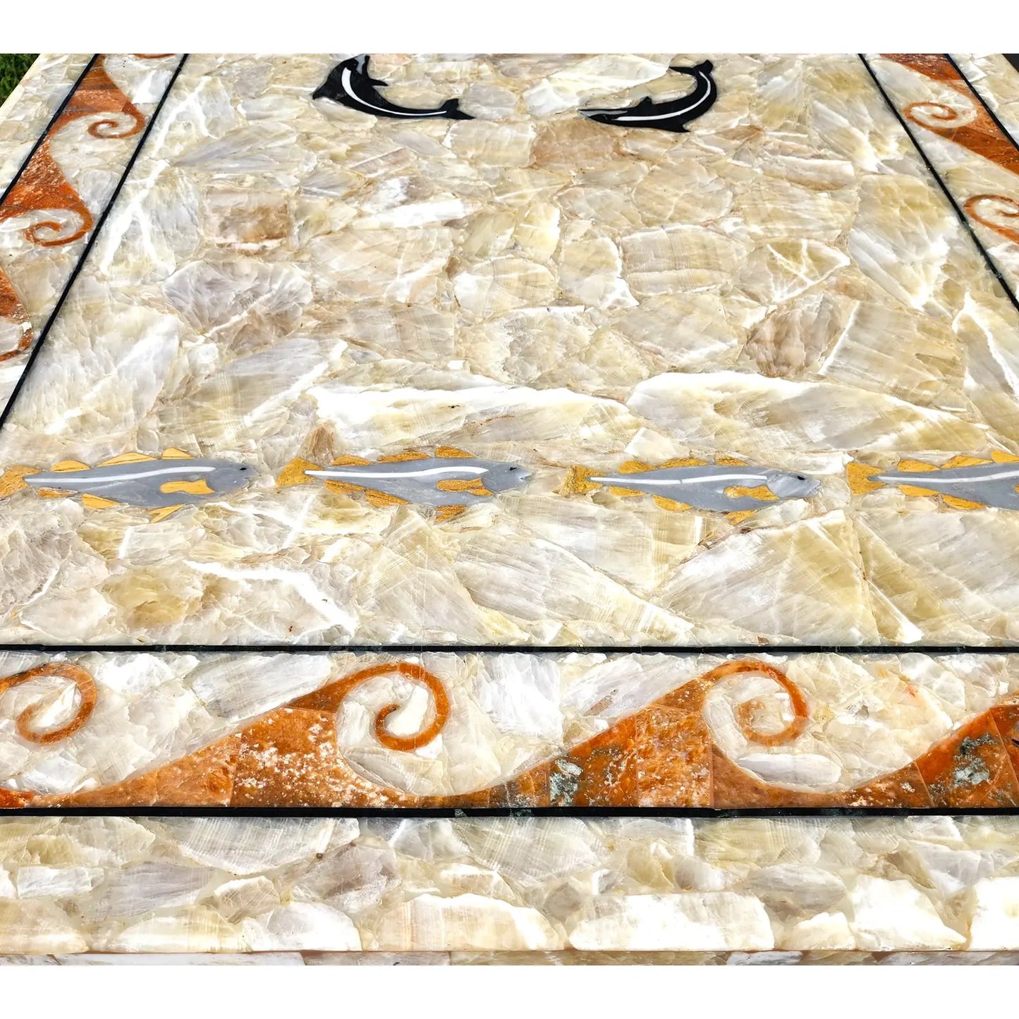 Dm Semi Precious Stone Dining Table Inlaid Orcas Fish Custom Made