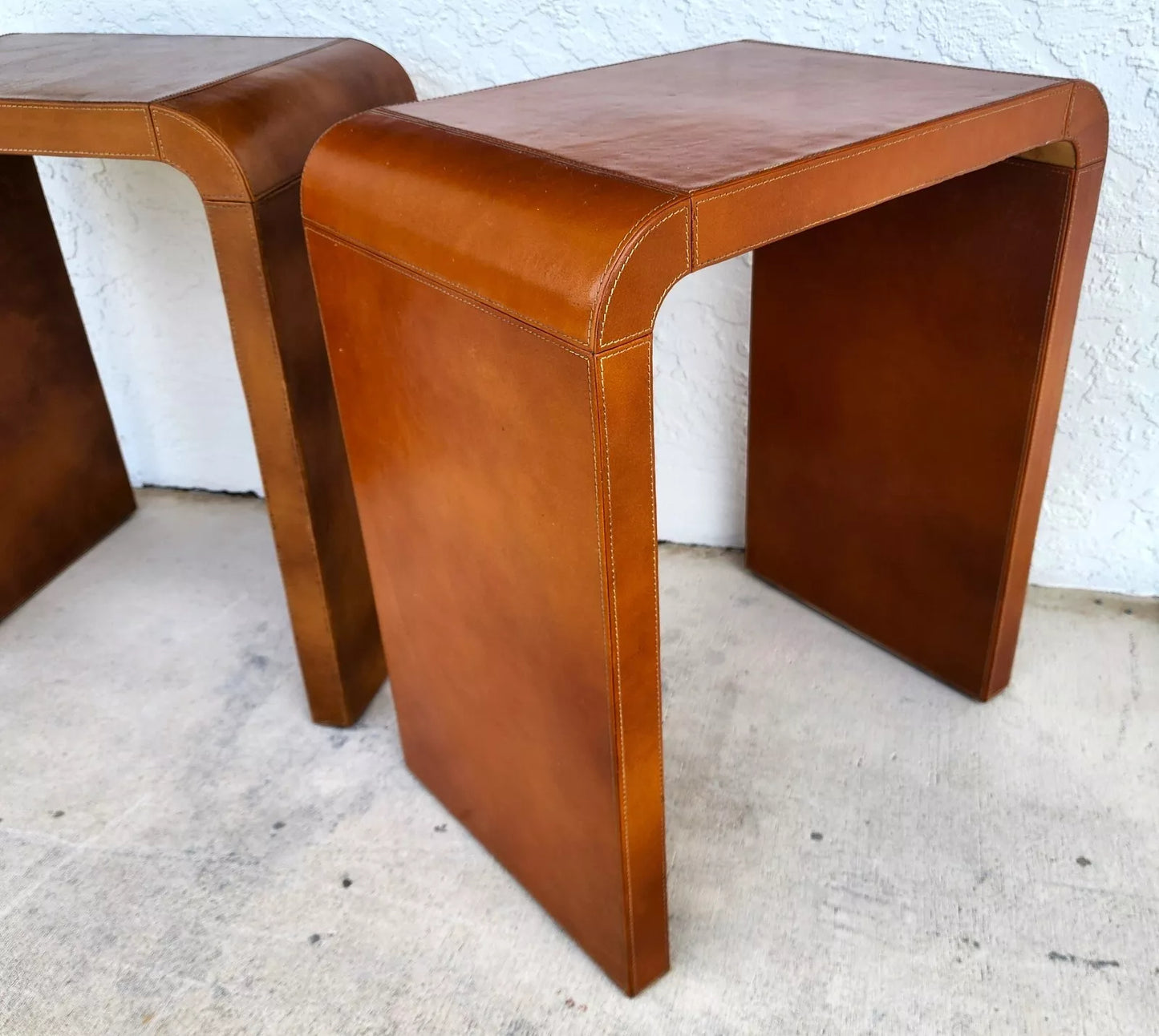 MCM Leather Wrapped Side Tables Waterfall Pair