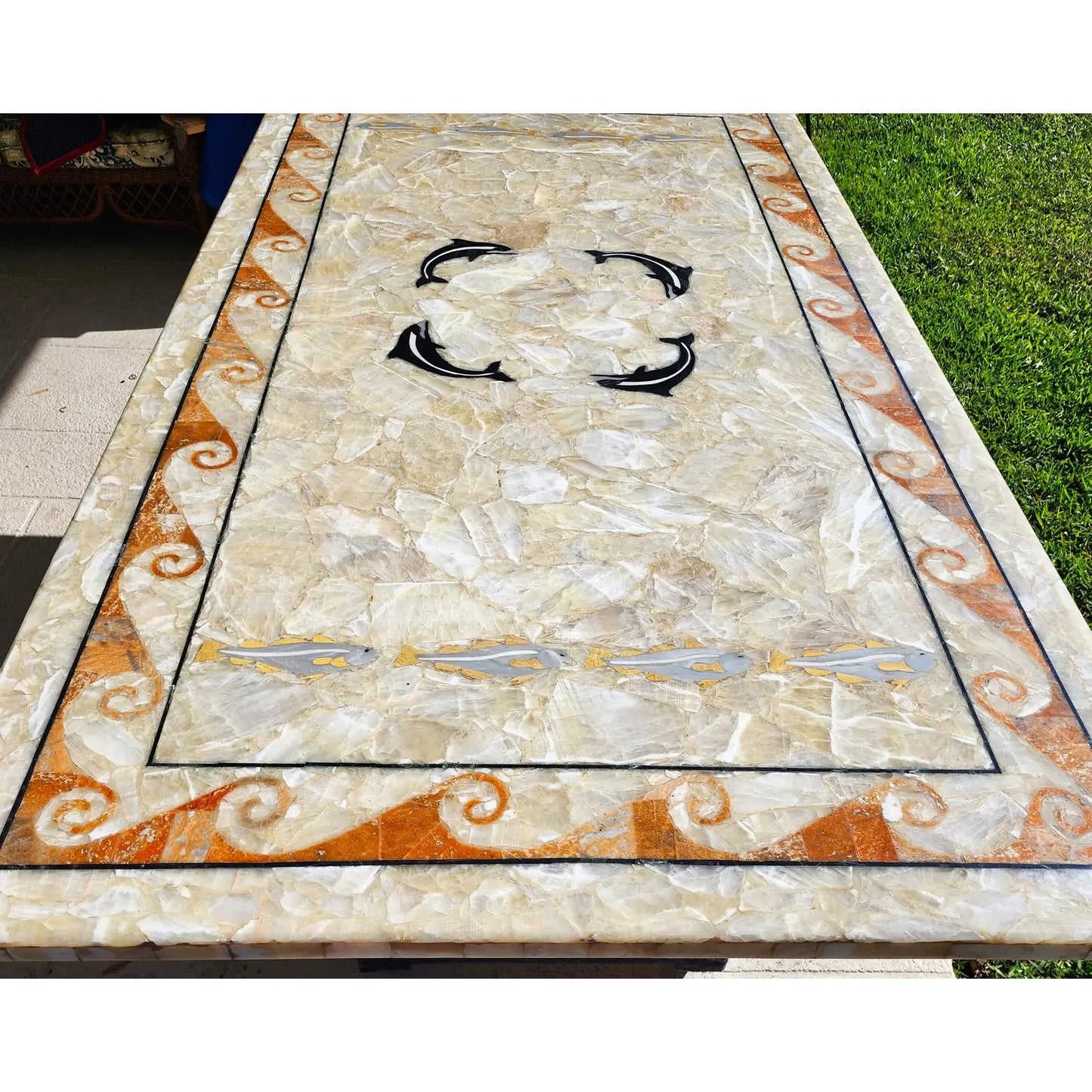 Dm Semi Precious Stone Dining Table Inlaid Orcas Fish Custom Made