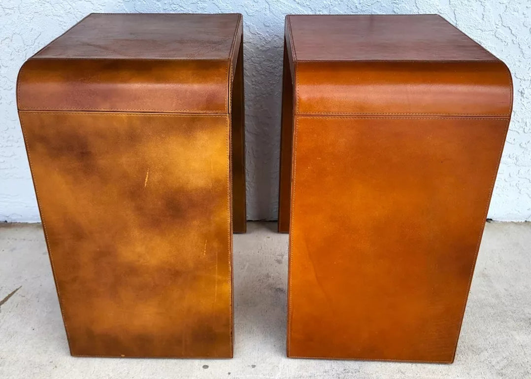 MCM Leather Wrapped Side Tables Waterfall Pair
