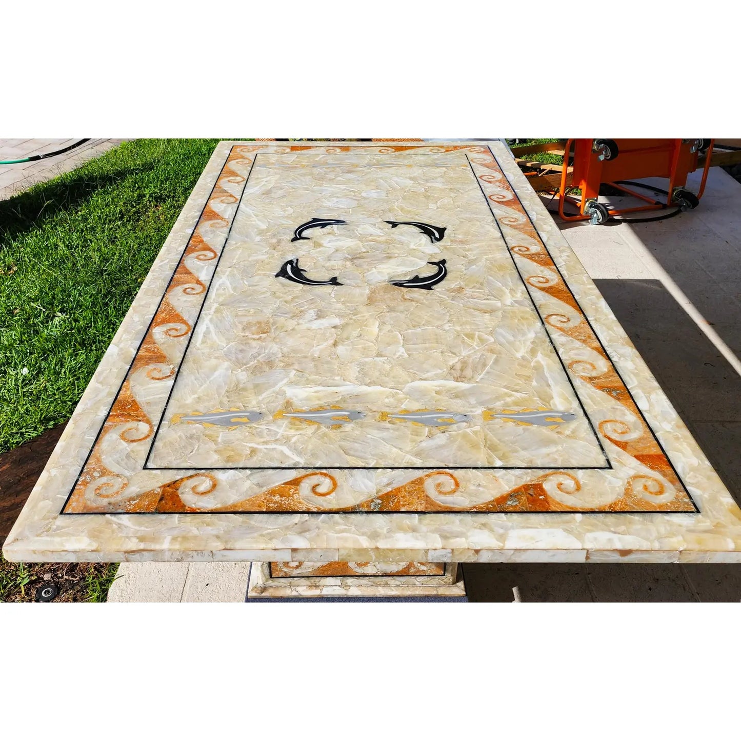 Dm Semi Precious Stone Dining Table Inlaid Orcas Fish Custom Made