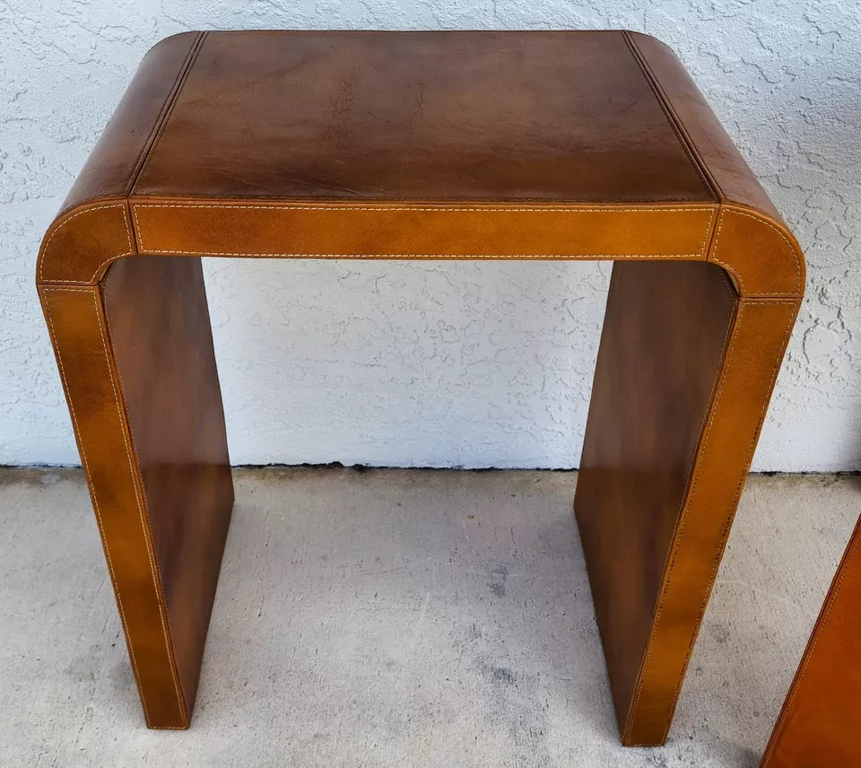 MCM Leather Wrapped Side Tables Waterfall Pair