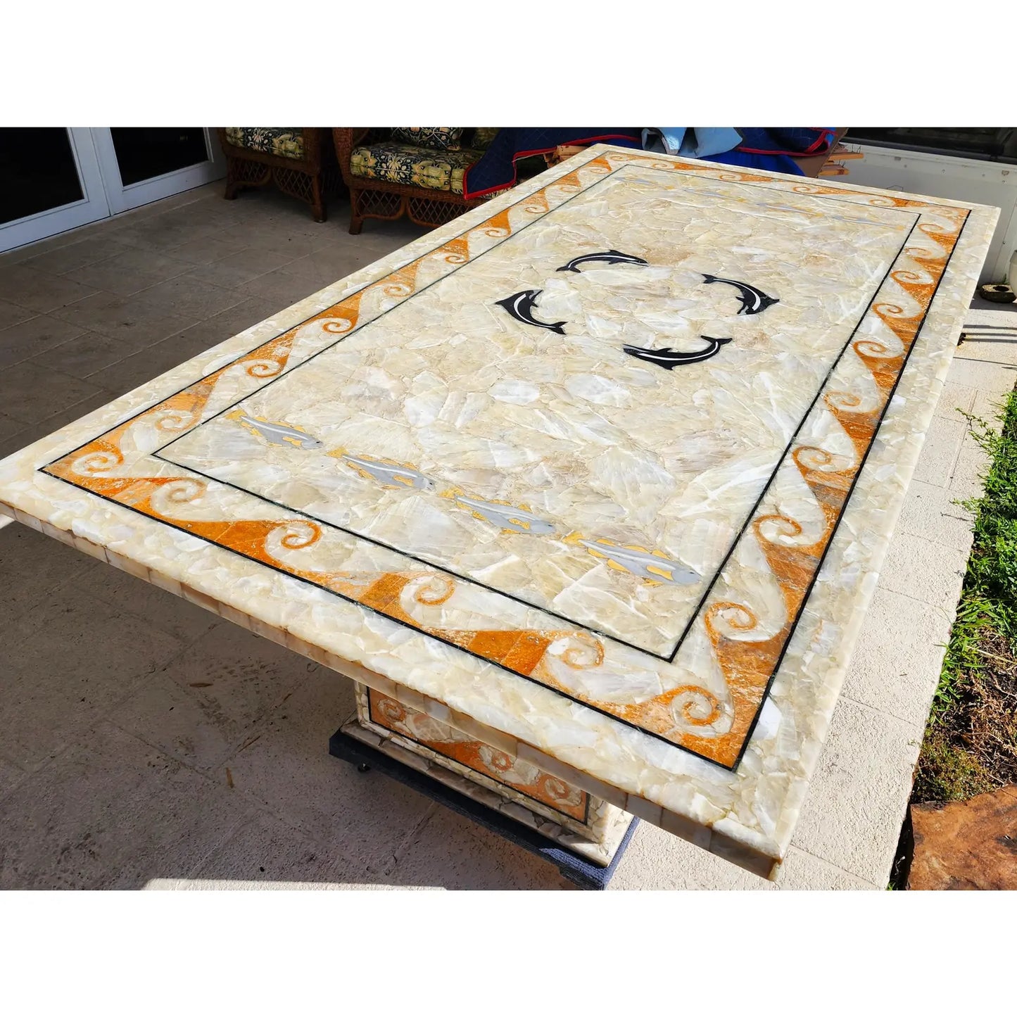 Dm Semi Precious Stone Dining Table Inlaid Orcas Fish Custom Made