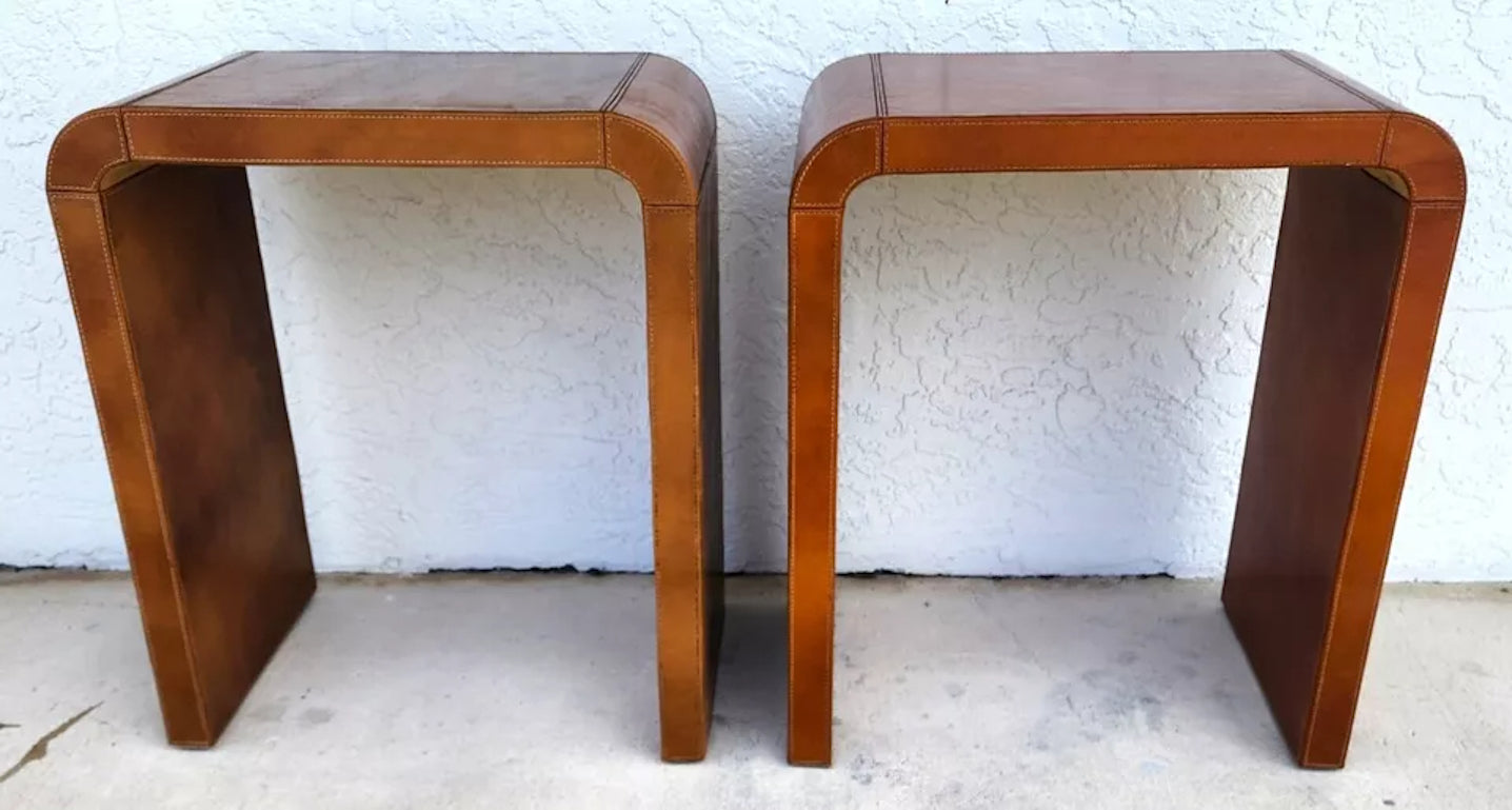 MCM Leather Wrapped Side Tables Waterfall Pair