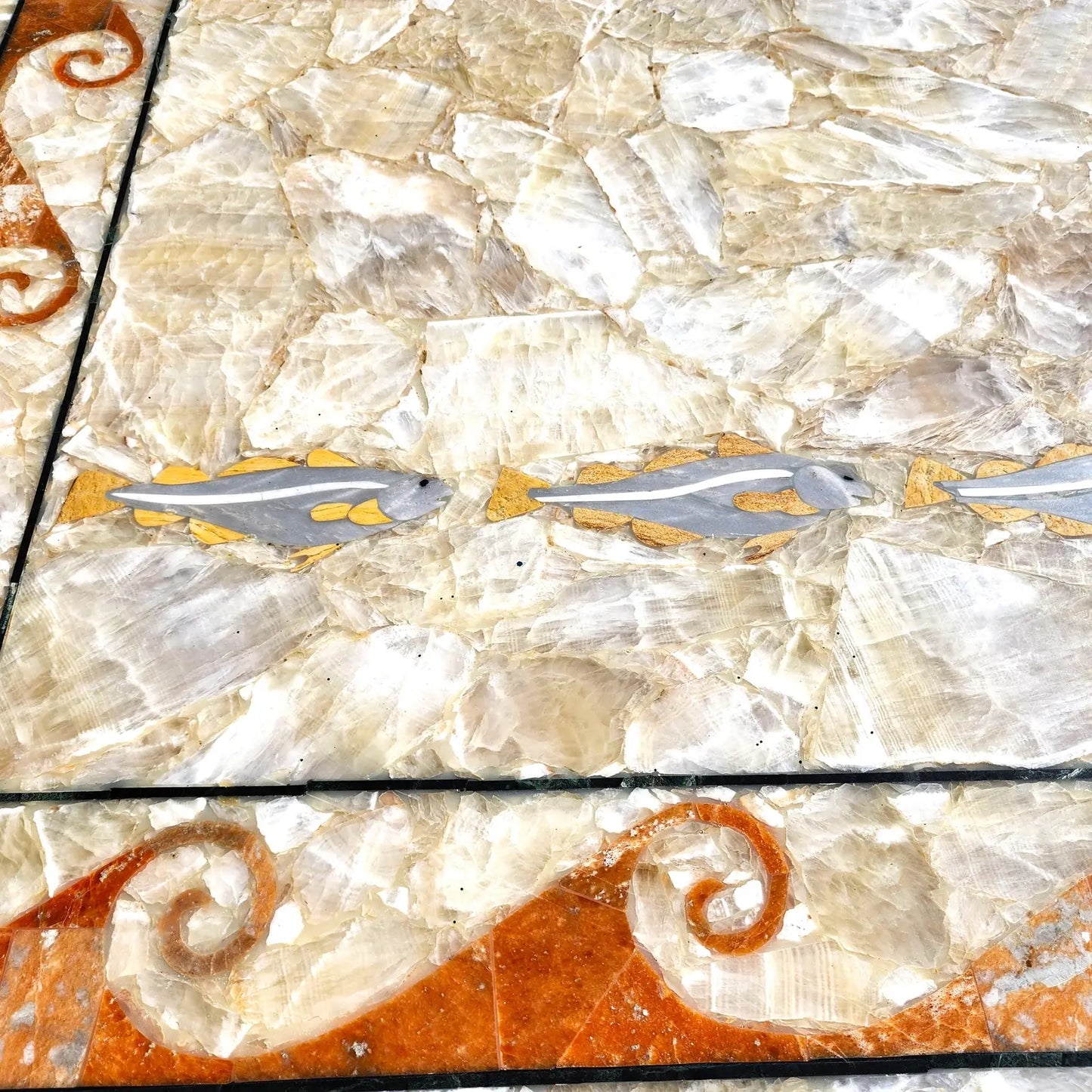 Dm Semi Precious Stone Dining Table Inlaid Orcas Fish Custom Made