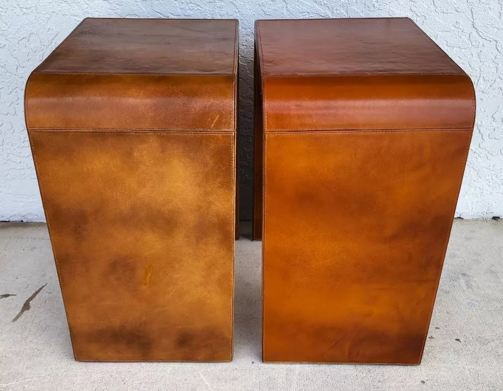 MCM Leather Wrapped Side Tables Waterfall Pair