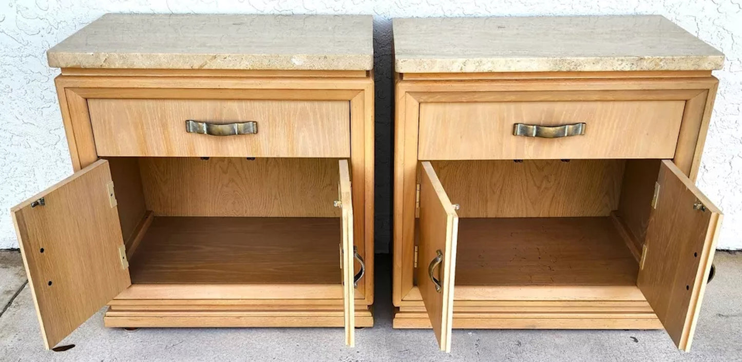 Thomasville Nightstands Blonde Marble Tops Pair