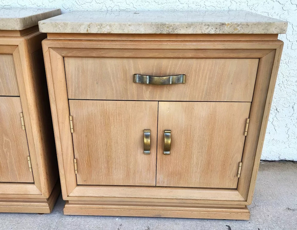 Thomasville Nightstands Blonde Marble Tops Pair