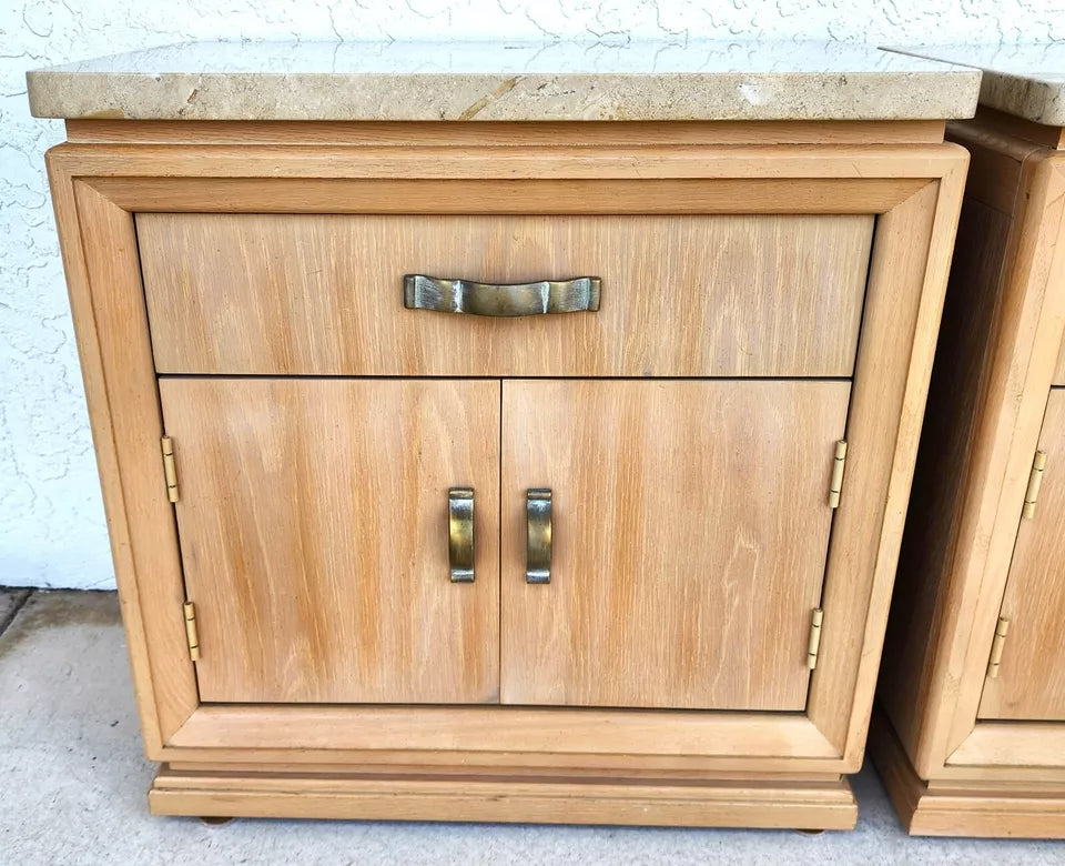 Thomasville Nightstands Blonde Marble Tops Pair