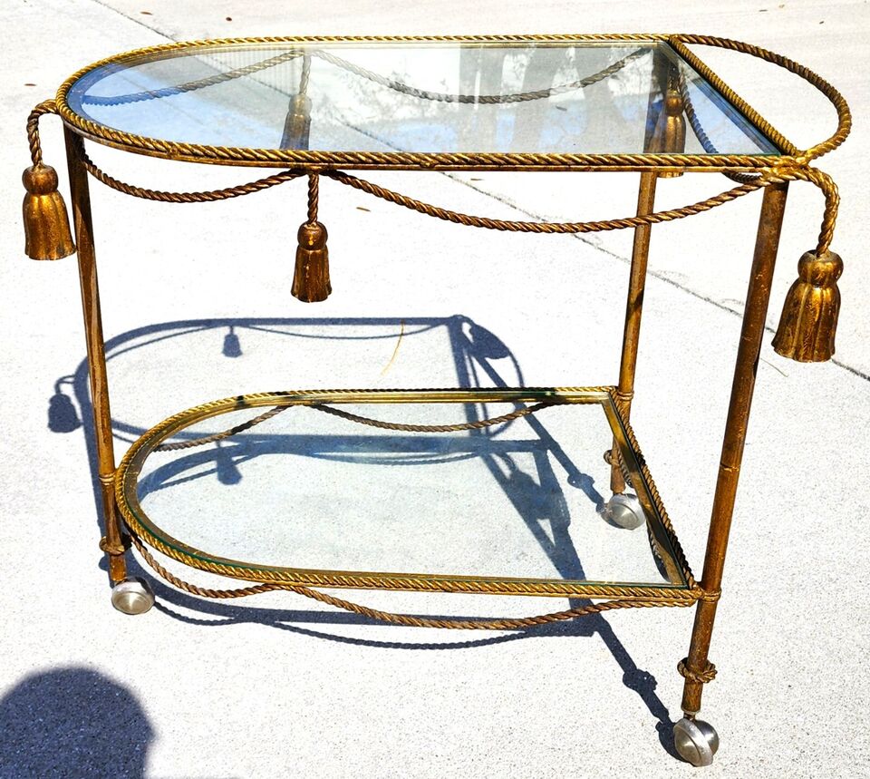 Vintage Bar Cart Italian Gilt Rope & Tassel Drinks Trolley