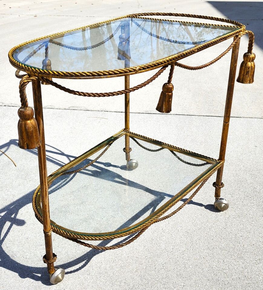 Vintage Bar Cart Italian Gilt Rope & Tassel Drinks Trolley