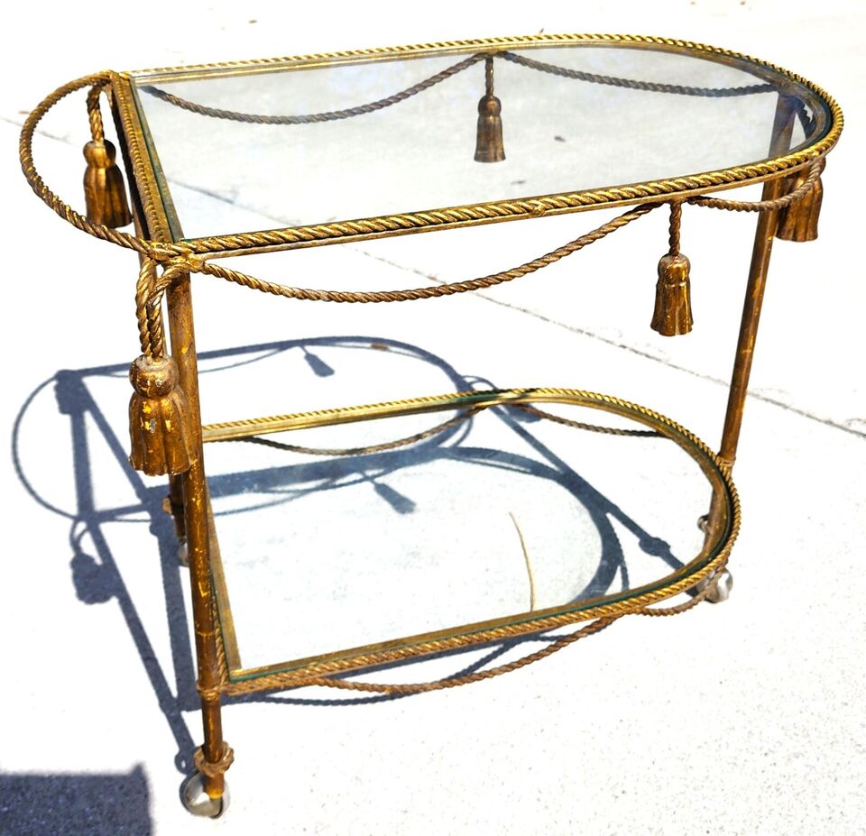 Vintage Bar Cart Italian Gilt Rope & Tassel Drinks Trolley