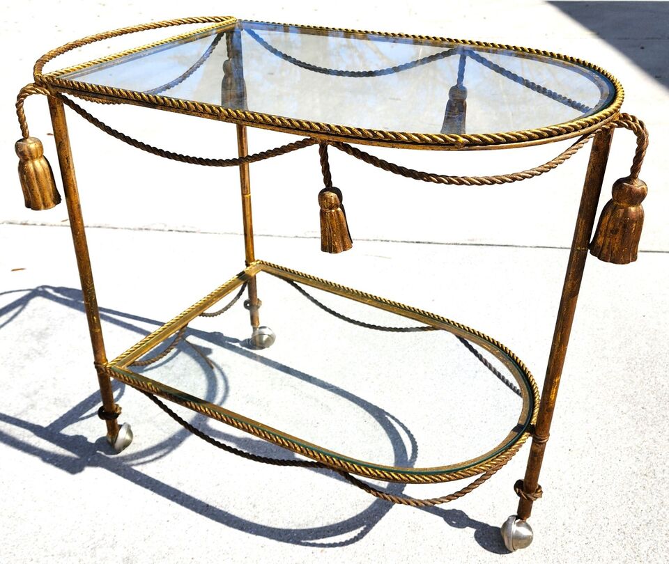 Vintage Bar Cart Italian Gilt Rope & Tassel Drinks Trolley