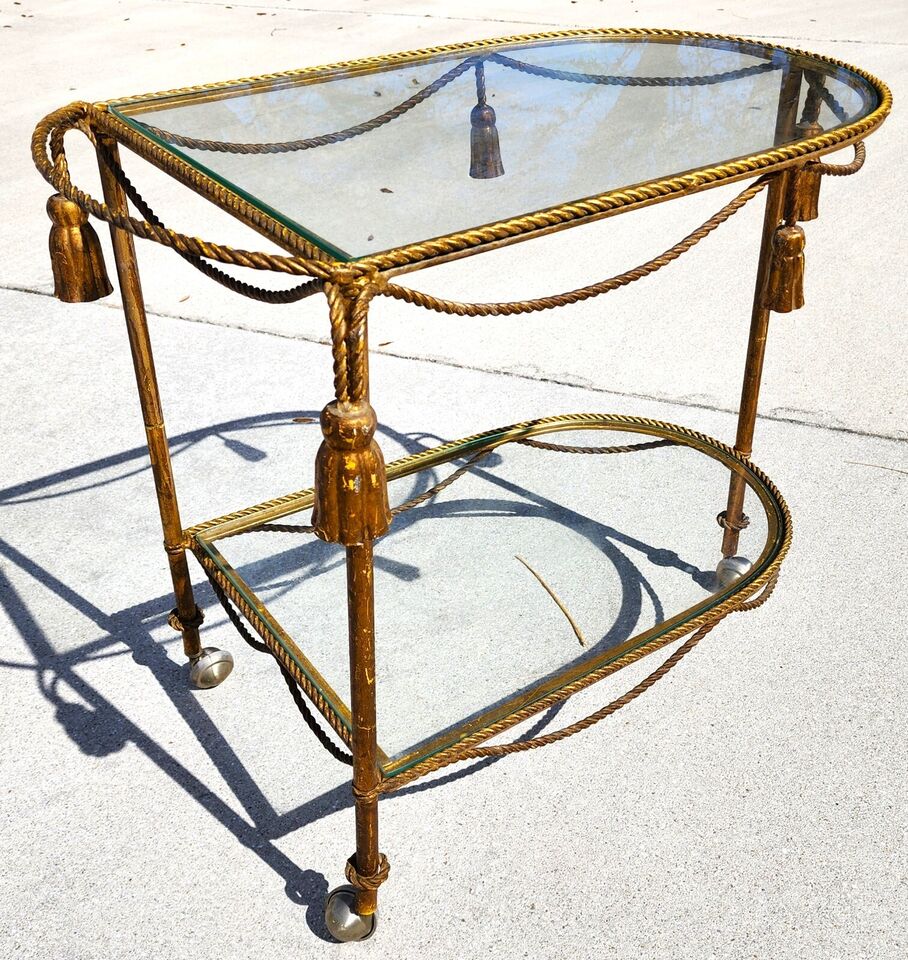 Vintage Bar Cart Italian Gilt Rope & Tassel Drinks Trolley
