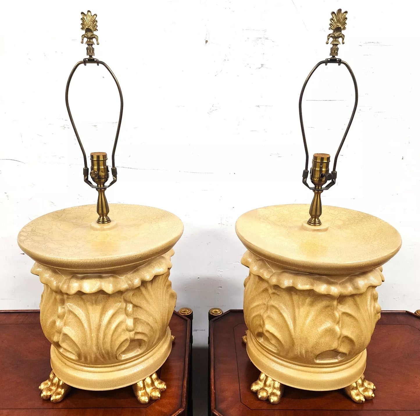 Vintage WILDWOOD Table Lamps Ceramic Gilt Paw Footed Pair