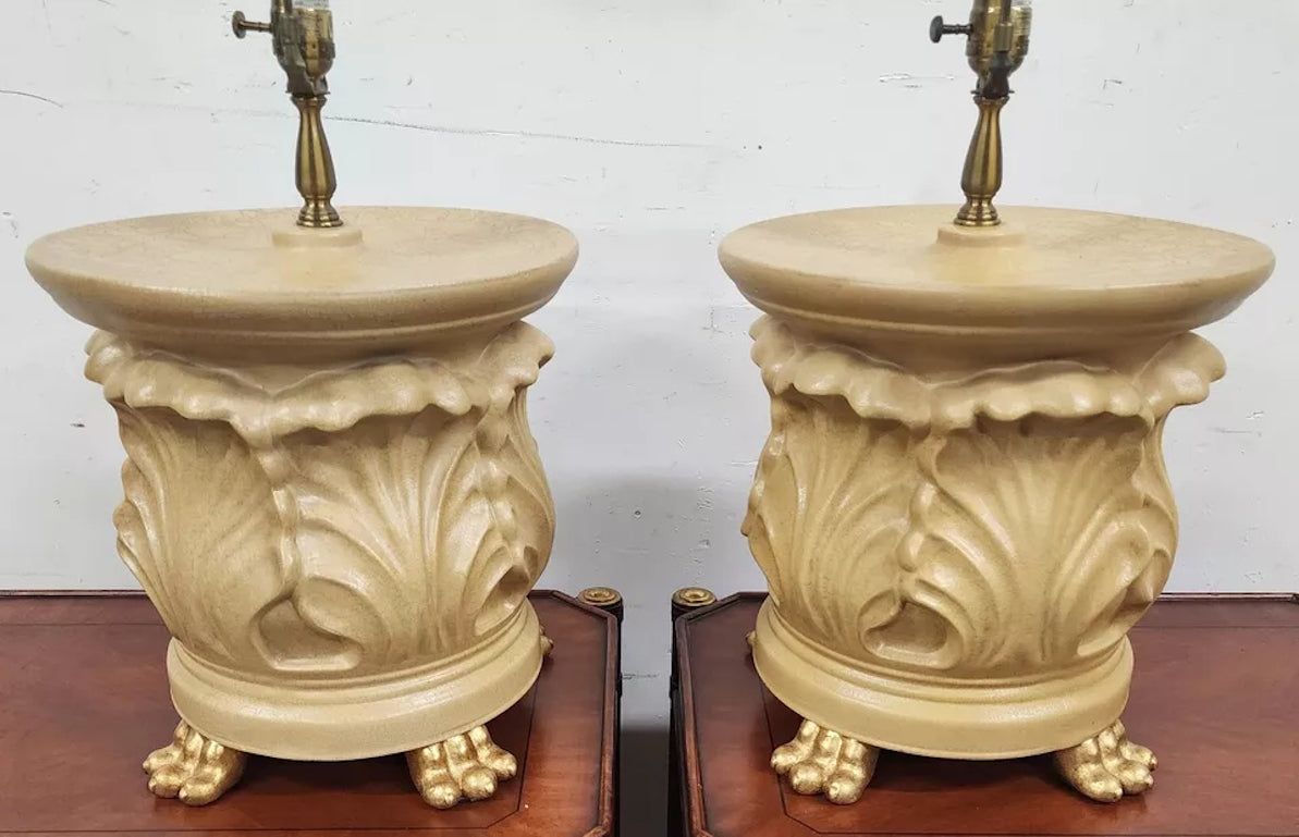 Vintage WILDWOOD Table Lamps Ceramic Gilt Paw Footed Pair