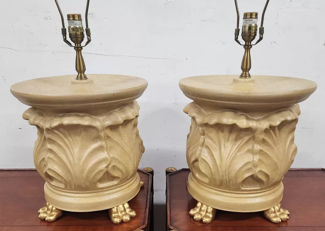 Vintage WILDWOOD Table Lamps Ceramic Gilt Paw Footed Pair