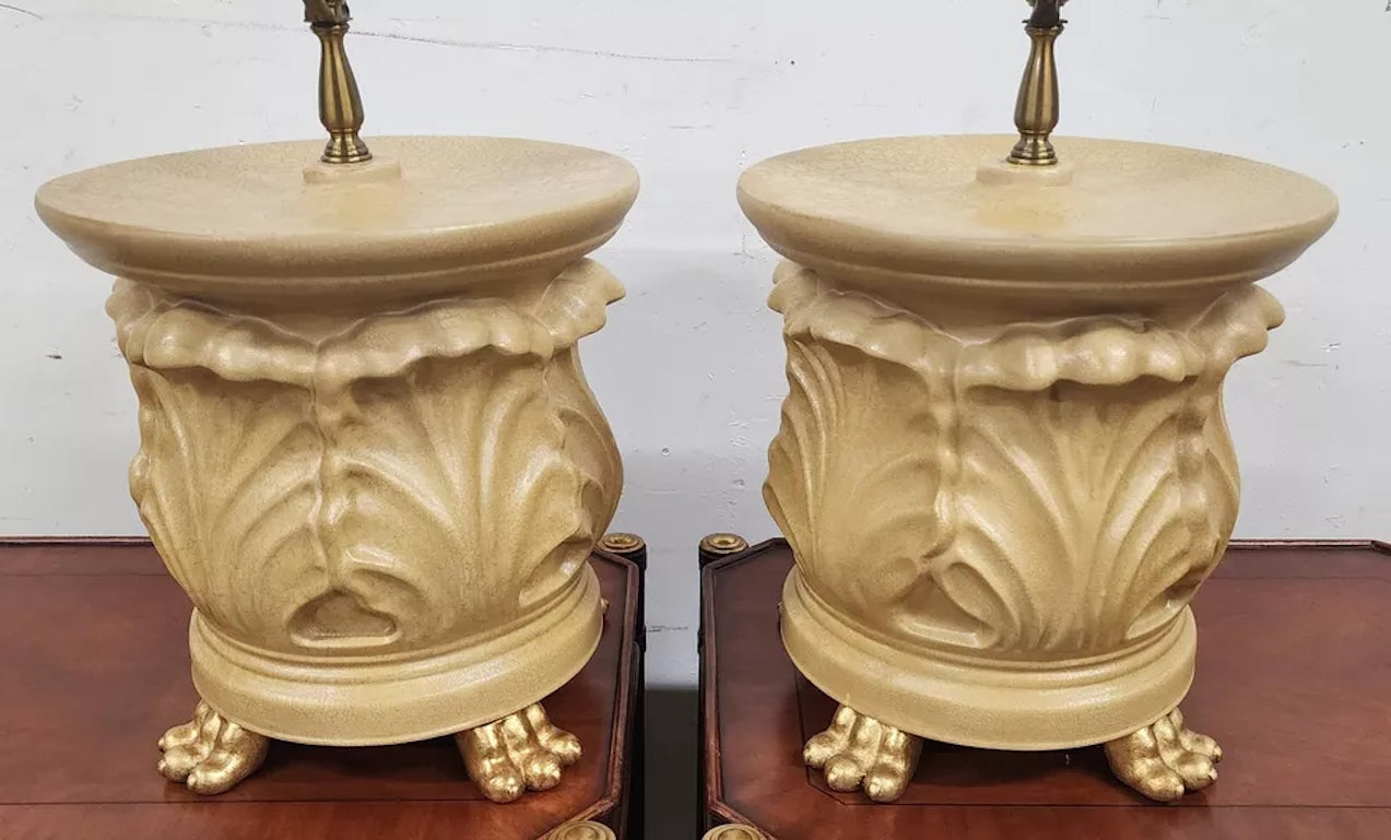 Vintage WILDWOOD Table Lamps Ceramic Gilt Paw Footed Pair