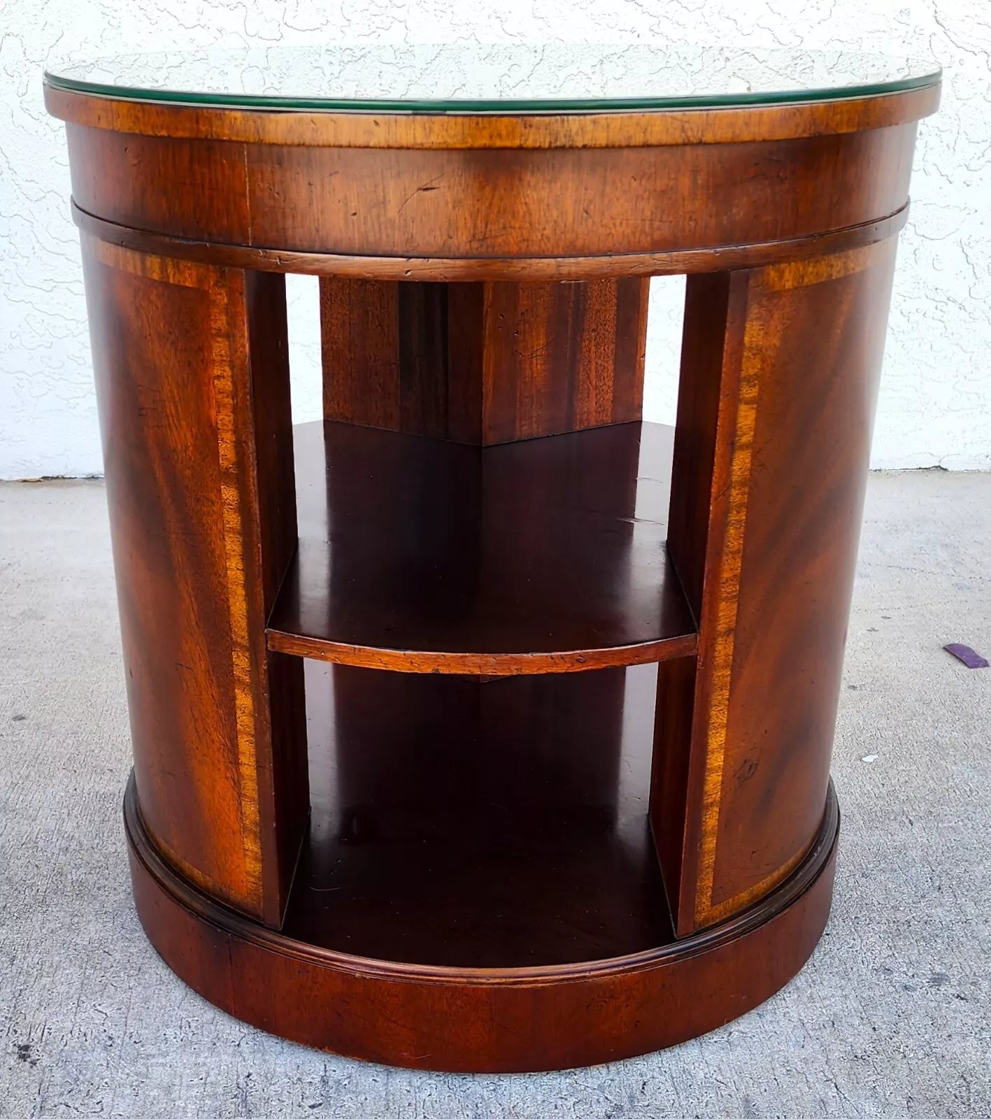 BAKER Drum Center Side Table Banded Mahogany Glass Top